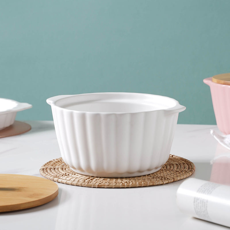 Snow White Scalloped Pot With Lid 8 Inch - Serving bowl with lid, ceramic bowls with lids, noodle bowl, bowl for snacks | Bowls for dining table & home decor