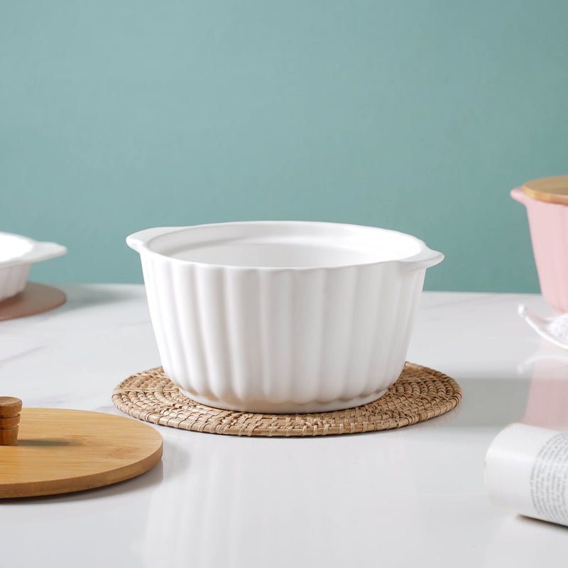 Snow White Scalloped Pot With Lid 8 Inch - Serving bowl with lid, ceramic bowls with lids, noodle bowl, bowl for snacks | Bowls for dining table & home decor
