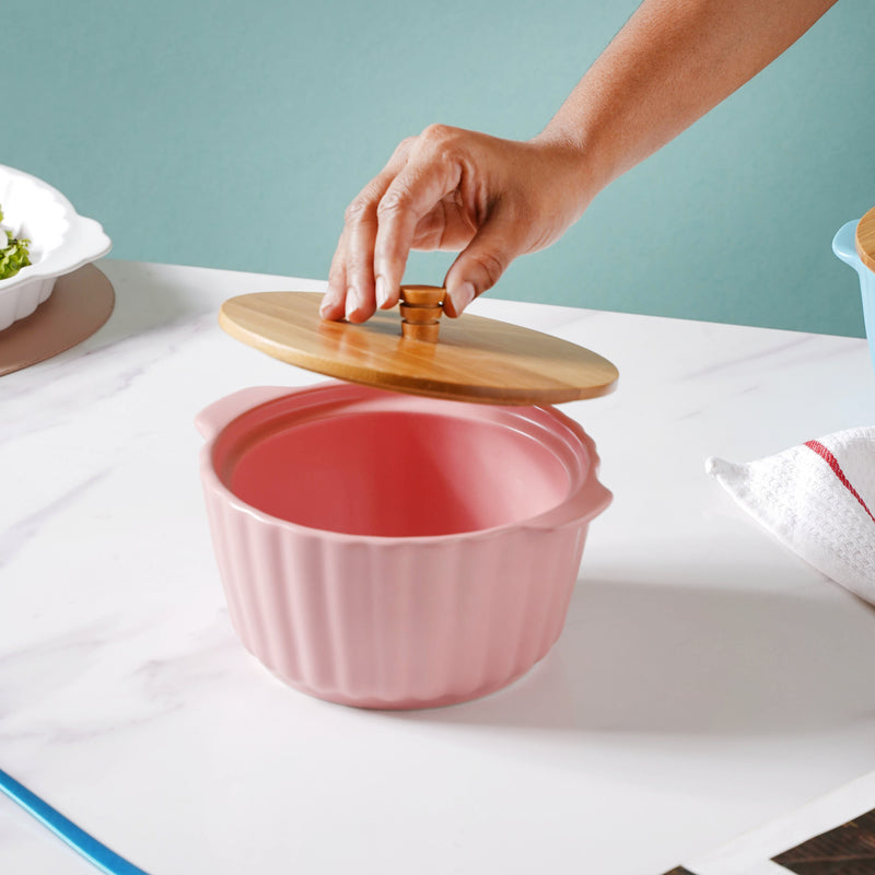 Peppy Pink Scalloped Pot With Lid 8 Inch - Serving bowl with lid, ceramic bowls with lids, noodle bowl, bowl for snacks | Bowls for dining table & home decor