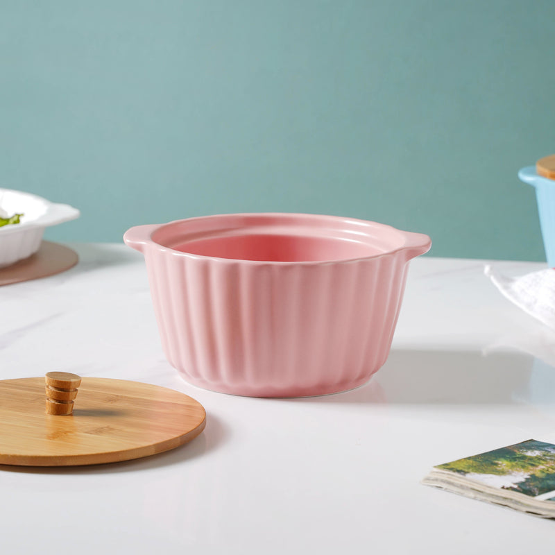 Peppy Pink Scalloped Pot With Lid 8 Inch - Serving bowl with lid, ceramic bowls with lids, noodle bowl, bowl for snacks | Bowls for dining table & home decor