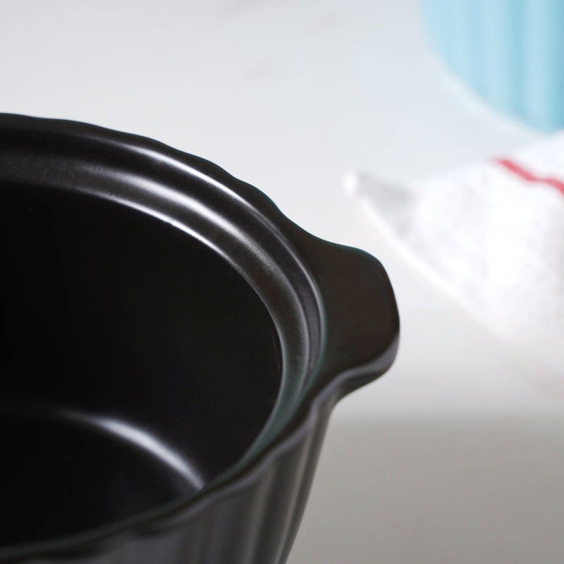 Midnight Black Scalloped Pot With Lid 8 Inch - Serving bowl with lid, ceramic bowls with lids, noodle bowl, bowl for snacks | Bowls for dining table & home decor