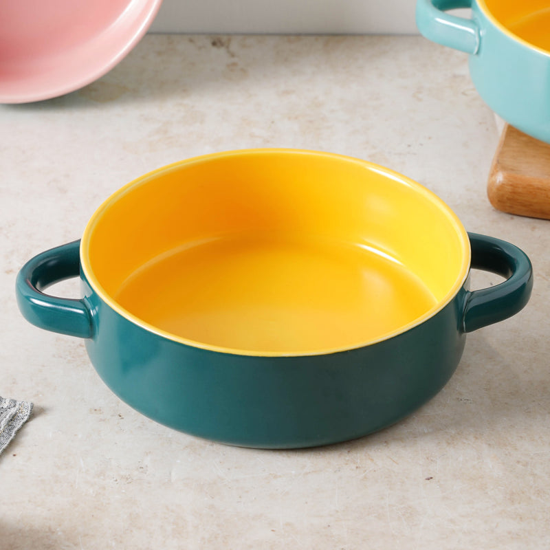 Round Baking Bowl - Bowl, ceramic bowl, serving bowls, noodle bowl, salad bowls, bowl for snacks, baking bowls, large serving bowl, bowl with handle | Bowls for dining table & home decor