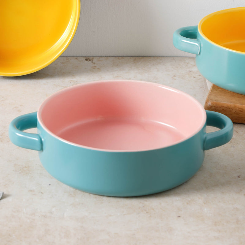 Round Baking Bowl - Bowl, ceramic bowl, serving bowls, noodle bowl, salad bowls, bowl for snacks, baking bowls, large serving bowl, bowl with handle | Bowls for dining table & home decor