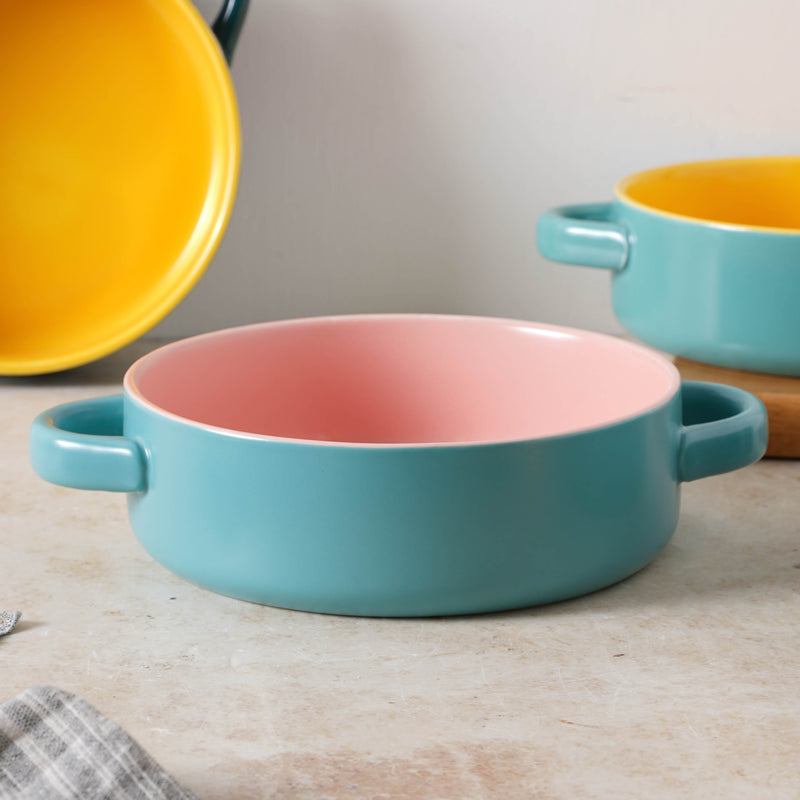 Round Baking Bowl - Bowl, ceramic bowl, serving bowls, noodle bowl, salad bowls, bowl for snacks, baking bowls, large serving bowl, bowl with handle | Bowls for dining table & home decor