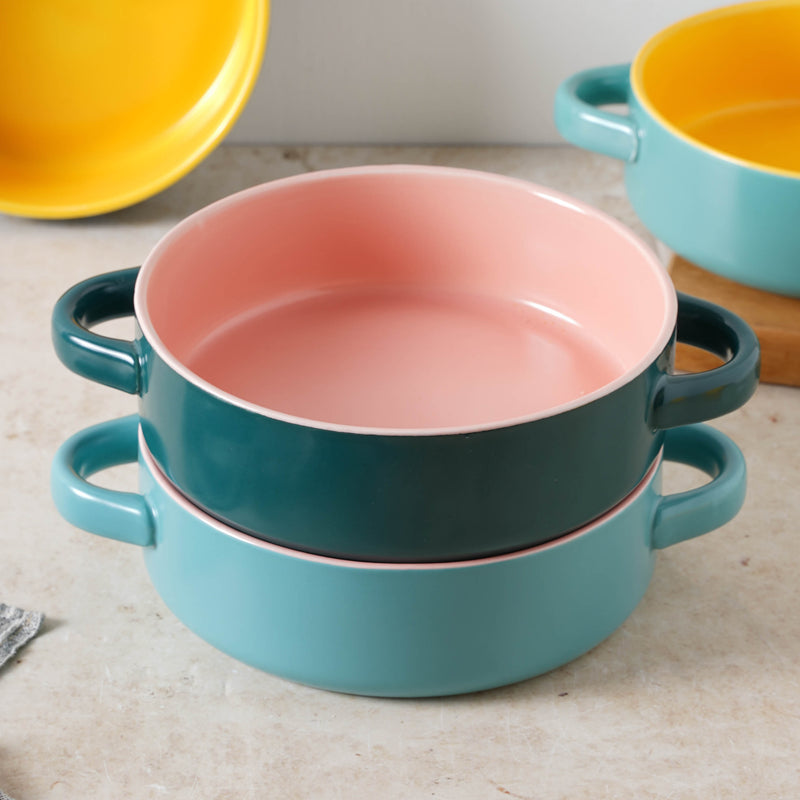 Round Baking Bowl - Bowl, ceramic bowl, serving bowls, noodle bowl, salad bowls, bowl for snacks, baking bowls, large serving bowl, bowl with handle | Bowls for dining table & home decor