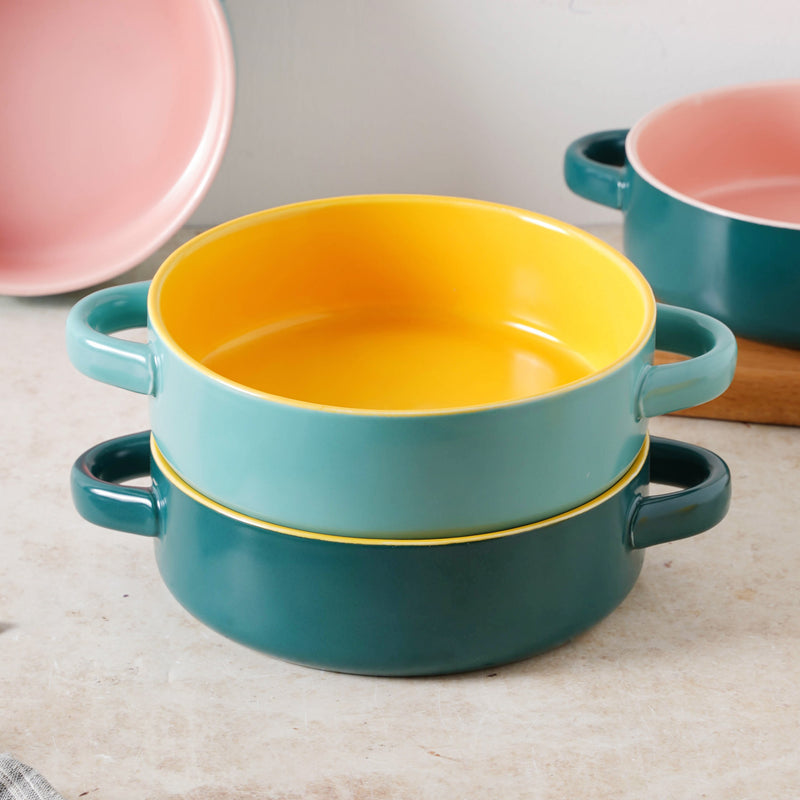 Round Baking Bowl - Bowl, ceramic bowl, serving bowls, noodle bowl, salad bowls, bowl for snacks, baking bowls, large serving bowl, bowl with handle | Bowls for dining table & home decor