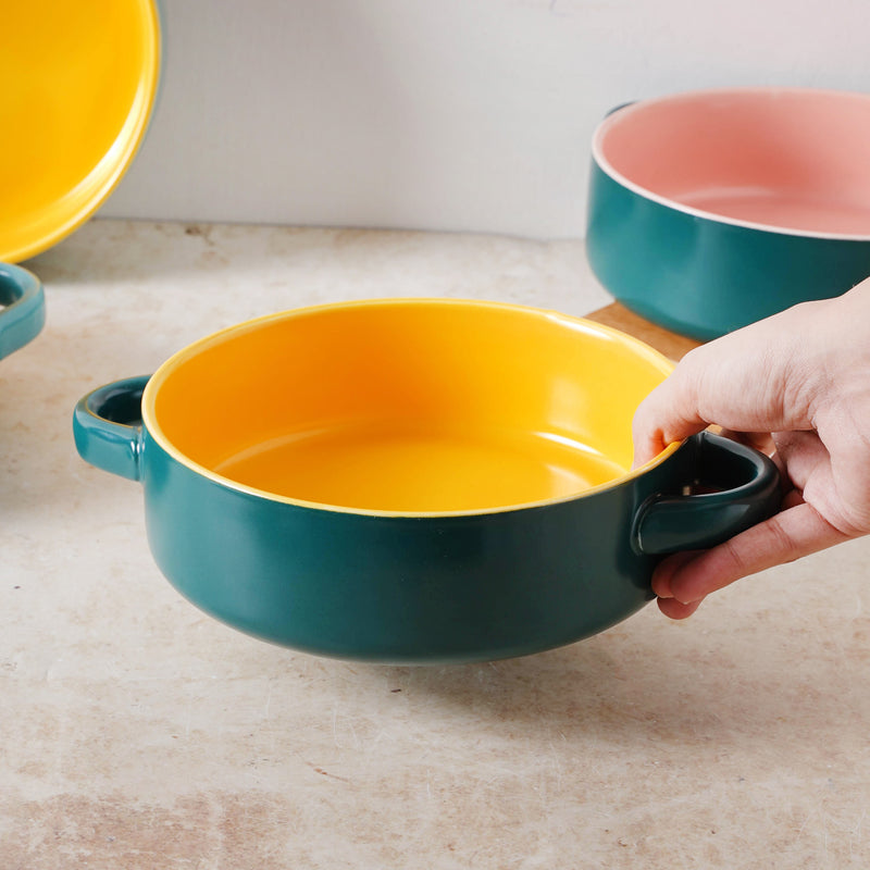 Round Baking Bowl - Bowl, ceramic bowl, serving bowls, noodle bowl, salad bowls, bowl for snacks, baking bowls, large serving bowl, bowl with handle | Bowls for dining table & home decor