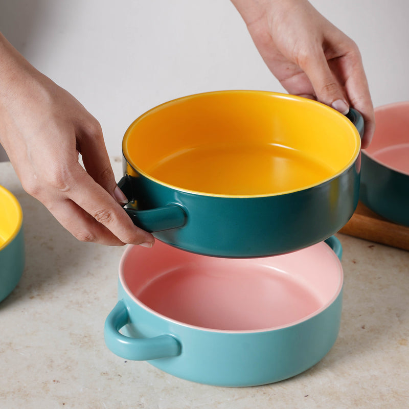 Round Baking Bowl - Bowl, ceramic bowl, serving bowls, noodle bowl, salad bowls, bowl for snacks, baking bowls, large serving bowl, bowl with handle | Bowls for dining table & home decor