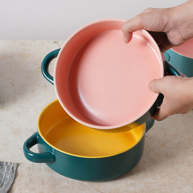 Round Baking Bowl - Bowl, ceramic bowl, serving bowls, noodle bowl, salad bowls, bowl for snacks, baking bowls, large serving bowl, bowl with handle | Bowls for dining table & home decor