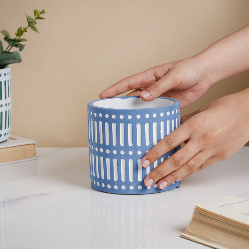 Blue Linear Sculpted Pot - Indoor planters and flower pots | Home decor items