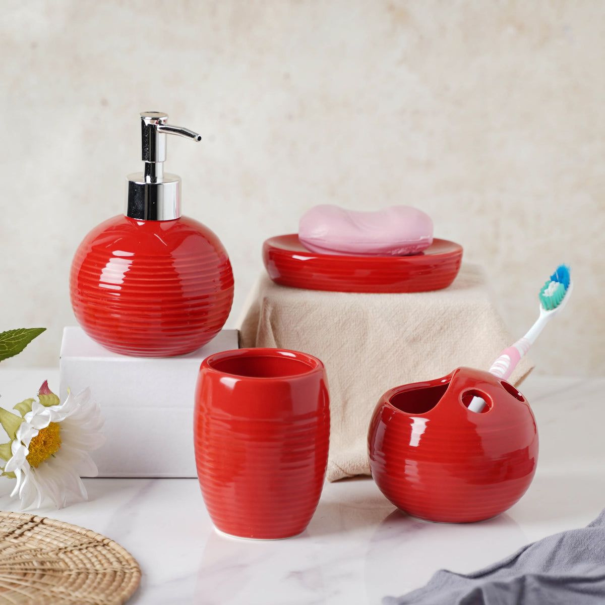 Red Ceramic Bath Set