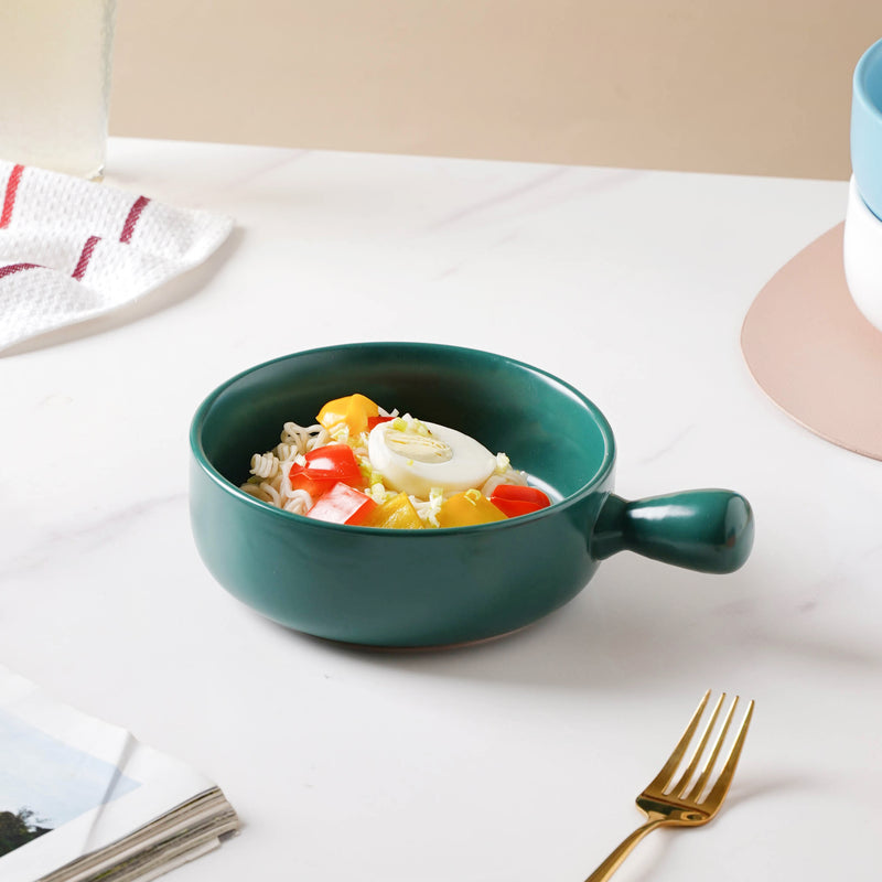 Teal Tantrum Bowl With Handle - Ceramic bowl, salad bowls, snack bowls, bowl with handle, oven bowl | Bowls for dining table & home decor