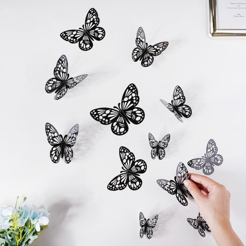 Black Foil Butterfly 3D Wall Stickers Set Of 12 - Wall stickers for wall decoration & wall design | Room decor items