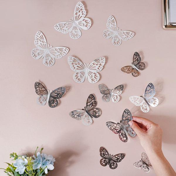 Silver Butterfly 3D Wall Stickers Set Of 12 - Wall stickers for wall decoration & wall design | Room decor items