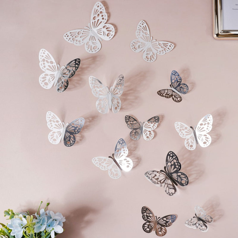 Silver Butterfly 3D Wall Stickers Set Of 12 - Wall stickers for wall decoration & wall design | Room decor items
