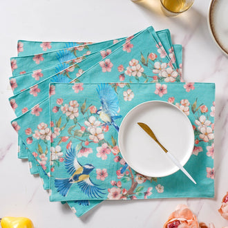 Birds And Blossoms Cotton Printed Table Mat Blue Set Of 6