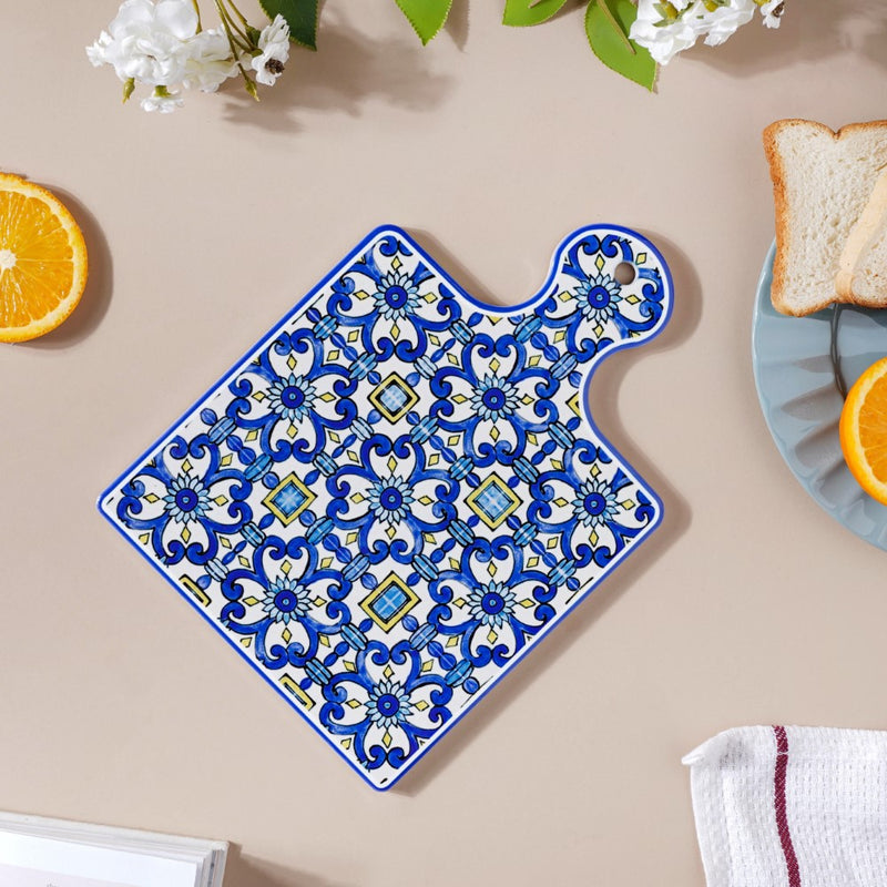 Moroccan Art Ceramic Platter With Handle Blue 9 Inch - Ceramic platter, serving platter, fruit platter | Plates for dining table & home decor