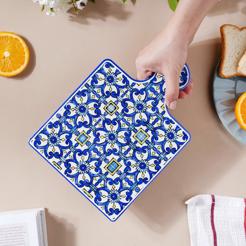 Moroccan Art Ceramic Platter With Handle Blue 9 Inch - Ceramic platter, serving platter, fruit platter | Plates for dining table & home decor