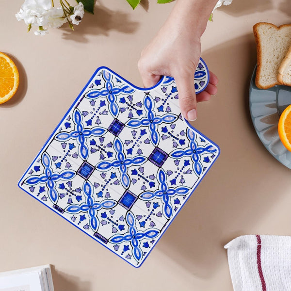 European Blue Ceramic Platter With Handle 9 Inch