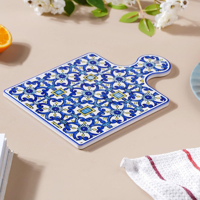 Moroccan Art Ceramic Platter With Handle Blue 9 Inch - Ceramic platter, serving platter, fruit platter | Plates for dining table & home decor