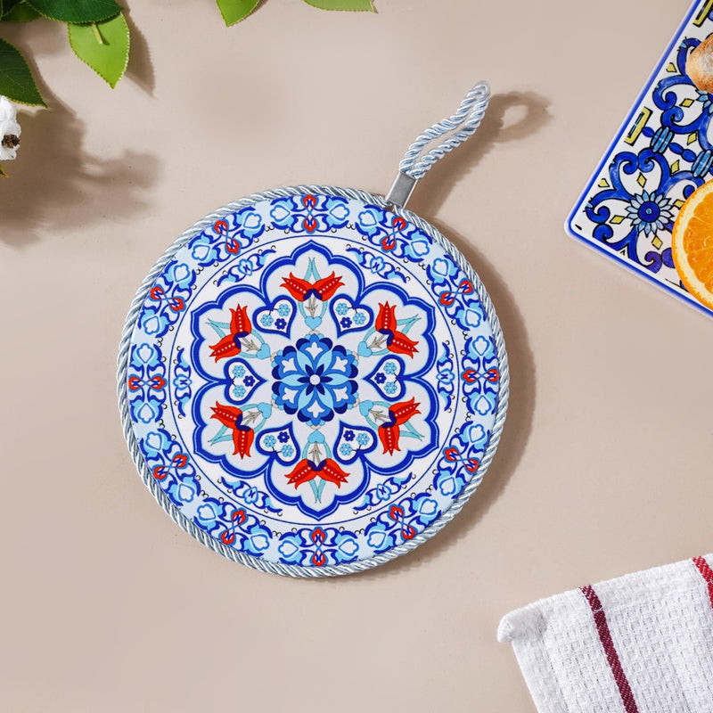 Zellij Art Round Ceramic Trivet With Rope Yellow And Blue 6 Inch