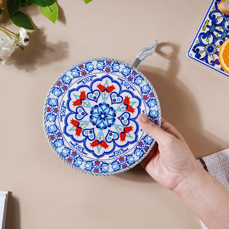 Zellij Art Round Ceramic Trivet With Rope Yellow And Blue 6 Inch