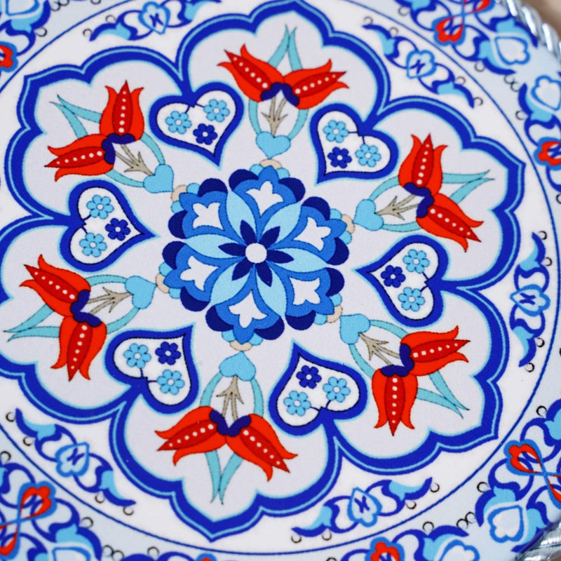 Zellij Art Round Ceramic Trivet With Rope Yellow And Blue 6 Inch