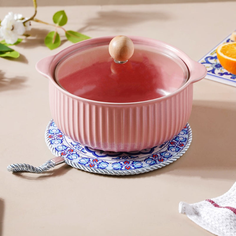 Zellij Art Round Ceramic Trivet With Rope Yellow And Blue 6 Inch