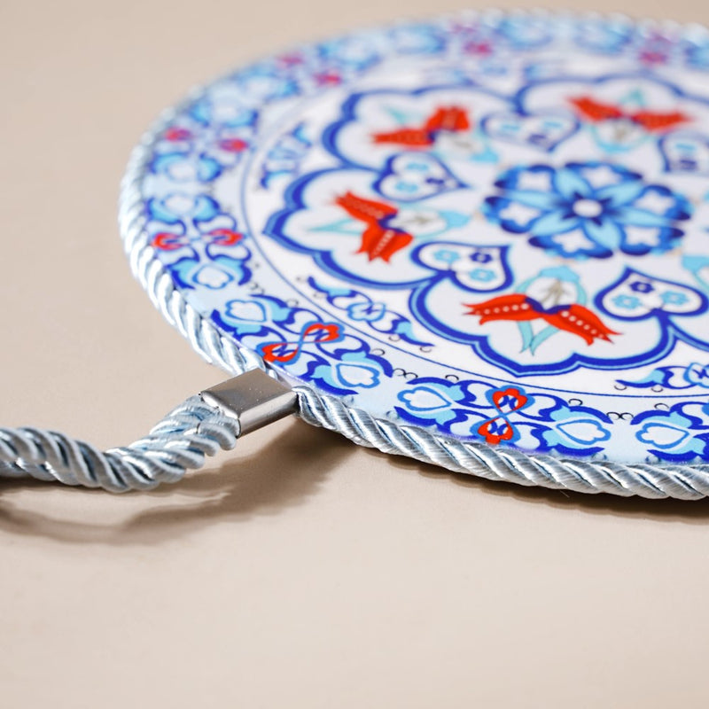 Zellij Art Round Ceramic Trivet With Rope Yellow And Blue 6 Inch