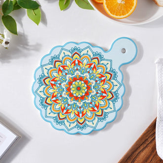 Round Mandala Platter With Handle Blue Yellow 8.5 Inch - Ceramic platter, serving platter, fruit platter | Plates for dining table & home decor