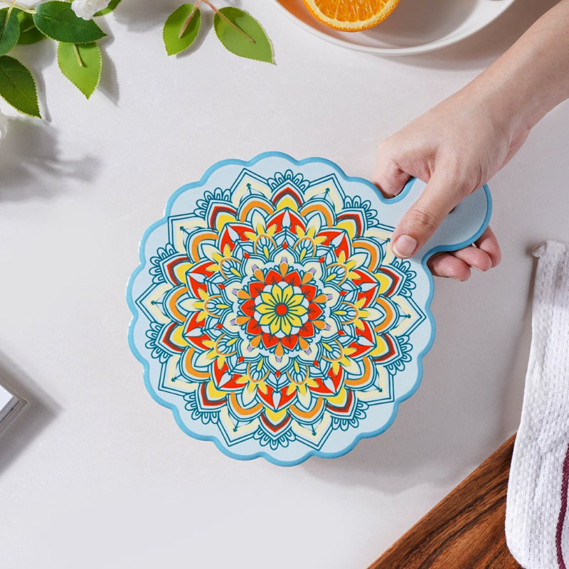 Round Mandala Platter With Handle Blue Yellow 8.5 Inch - Ceramic platter, serving platter, fruit platter | Plates for dining table & home decor