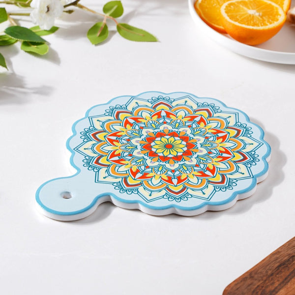 Round Mandala Platter With Handle Blue Yellow 8.5 Inch - Ceramic platter, serving platter, fruit platter | Plates for dining table & home decor