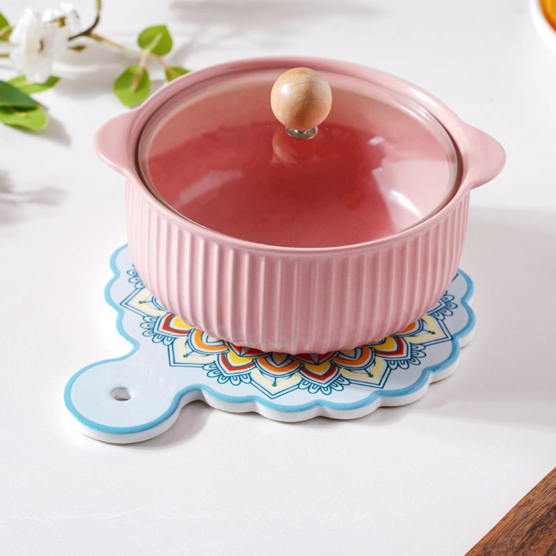 Round Mandala Platter With Handle Blue Yellow 8.5 Inch - Ceramic platter, serving platter, fruit platter | Plates for dining table & home decor