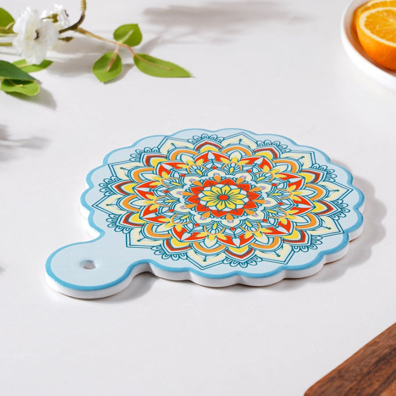 Round Mandala Platter With Handle Blue Yellow 8.5 Inch - Ceramic platter, serving platter, fruit platter | Plates for dining table & home decor
