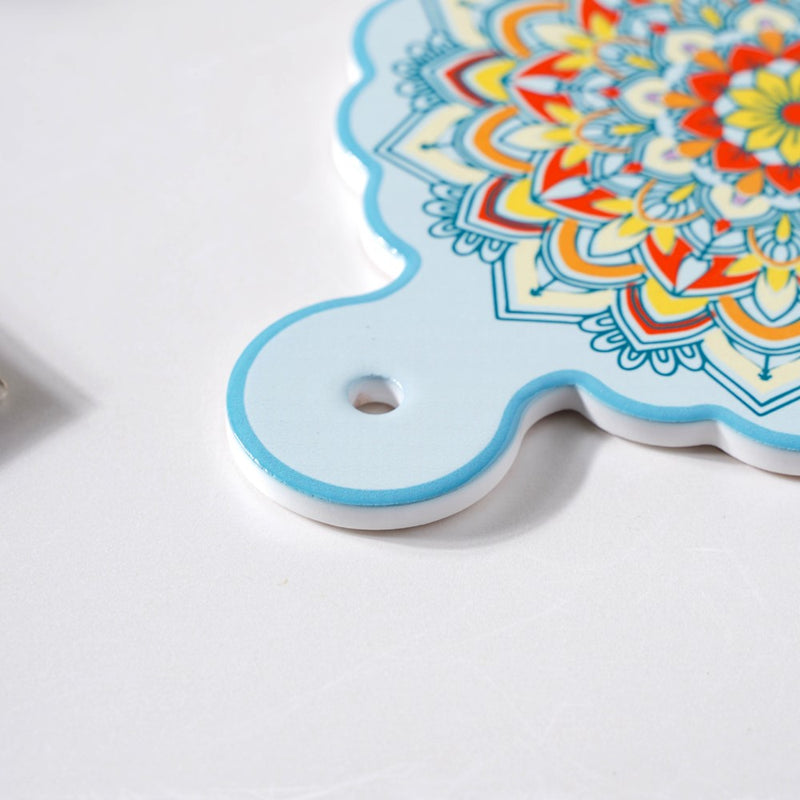 Round Mandala Platter With Handle Blue Yellow 8.5 Inch - Ceramic platter, serving platter, fruit platter | Plates for dining table & home decor