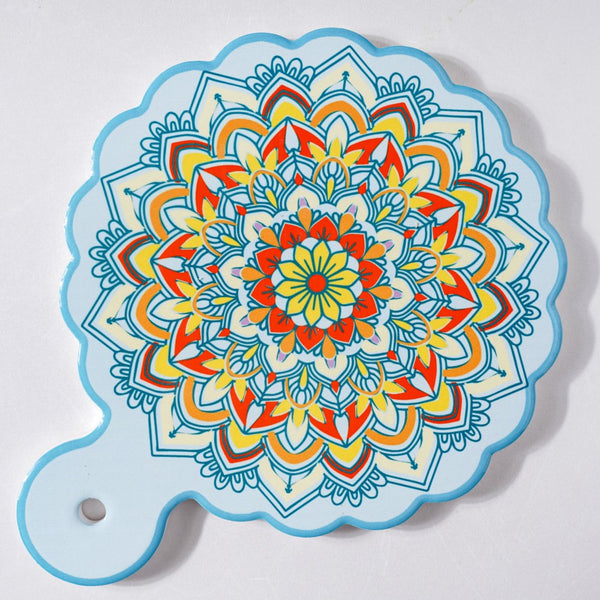 Round Mandala Platter With Handle Blue Yellow 8.5 Inch - Ceramic platter, serving platter, fruit platter | Plates for dining table & home decor