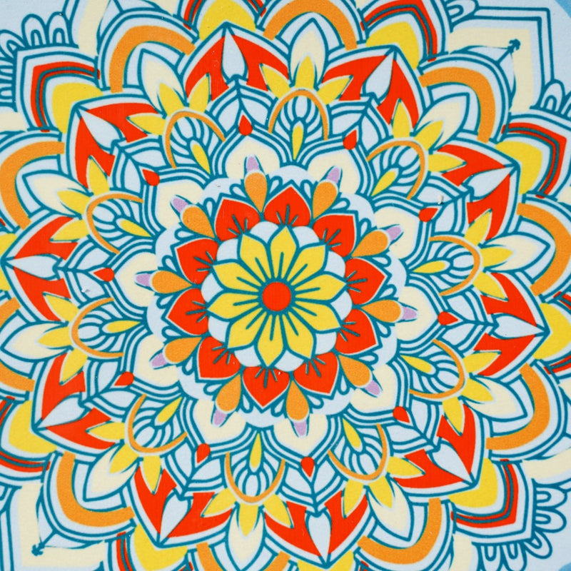 Round Mandala Platter With Handle Blue Yellow 8.5 Inch - Ceramic platter, serving platter, fruit platter | Plates for dining table & home decor