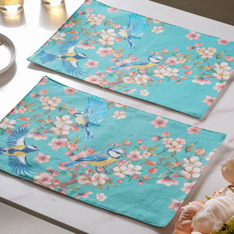 Birds And Blossoms Cotton Printed Table Mat Blue Set Of 2
