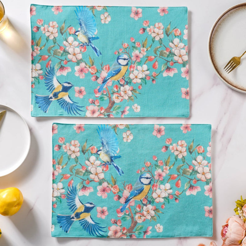 Birds And Blossoms Cotton Printed Table Mat Blue Set Of 2