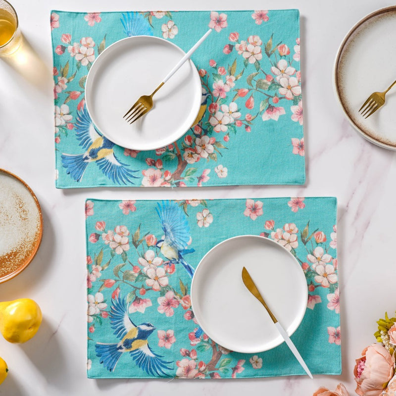 Birds And Blossoms Cotton Printed Table Mat Blue Set Of 2
