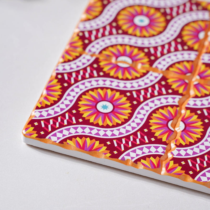 Floral Orange And Pink Zellij Art Square Ceramic Tiled Trivet
