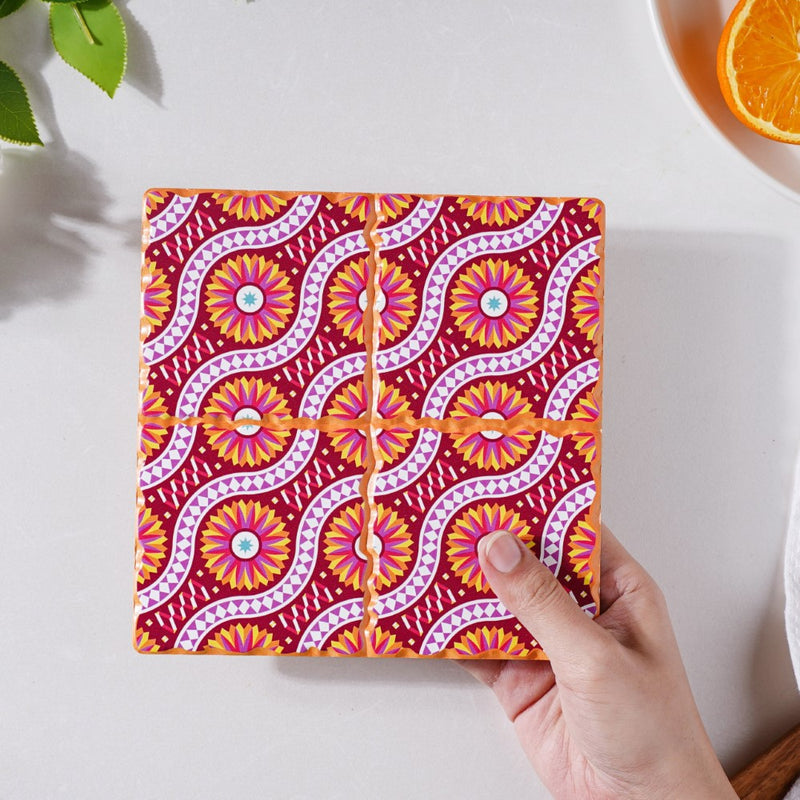Floral Orange And Pink Zellij Art Square Ceramic Tiled Trivet