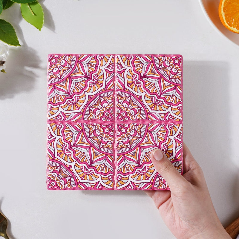 Peppy Pink Floral Zellij Art Square Ceramic Tiled Trivet