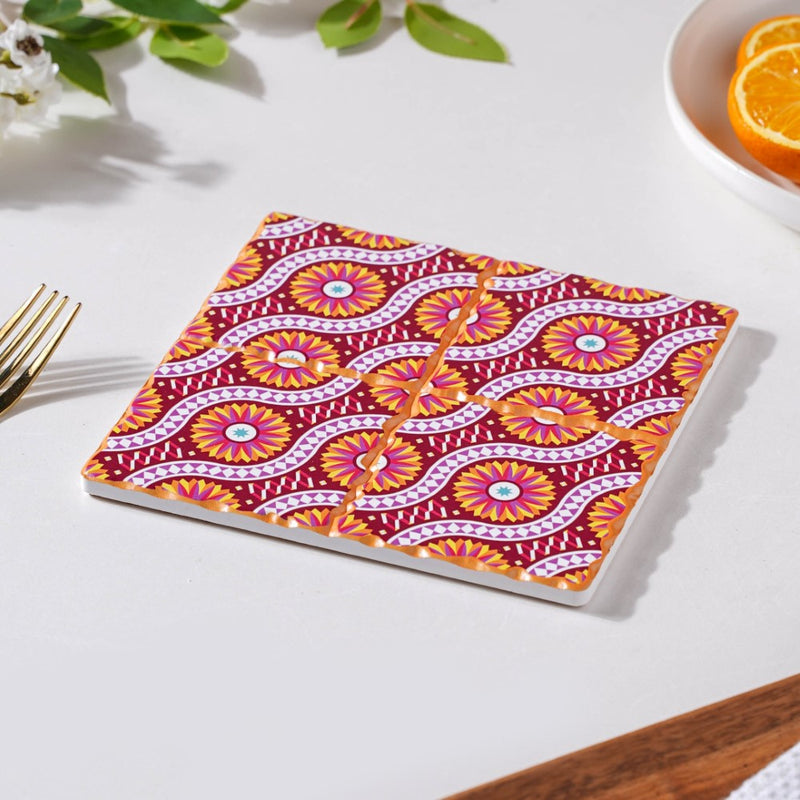 Floral Orange And Pink Zellij Art Square Ceramic Tiled Trivet