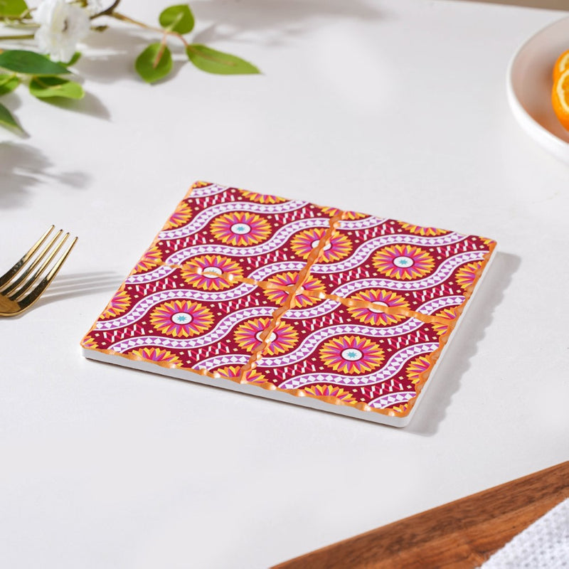 Floral Orange And Pink Zellij Art Square Ceramic Tiled Trivet