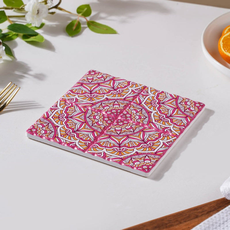 Peppy Pink Floral Zellij Art Square Ceramic Tiled Trivet