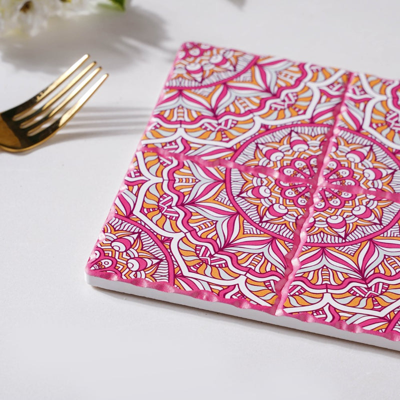 Peppy Pink Floral Zellij Art Square Ceramic Tiled Trivet