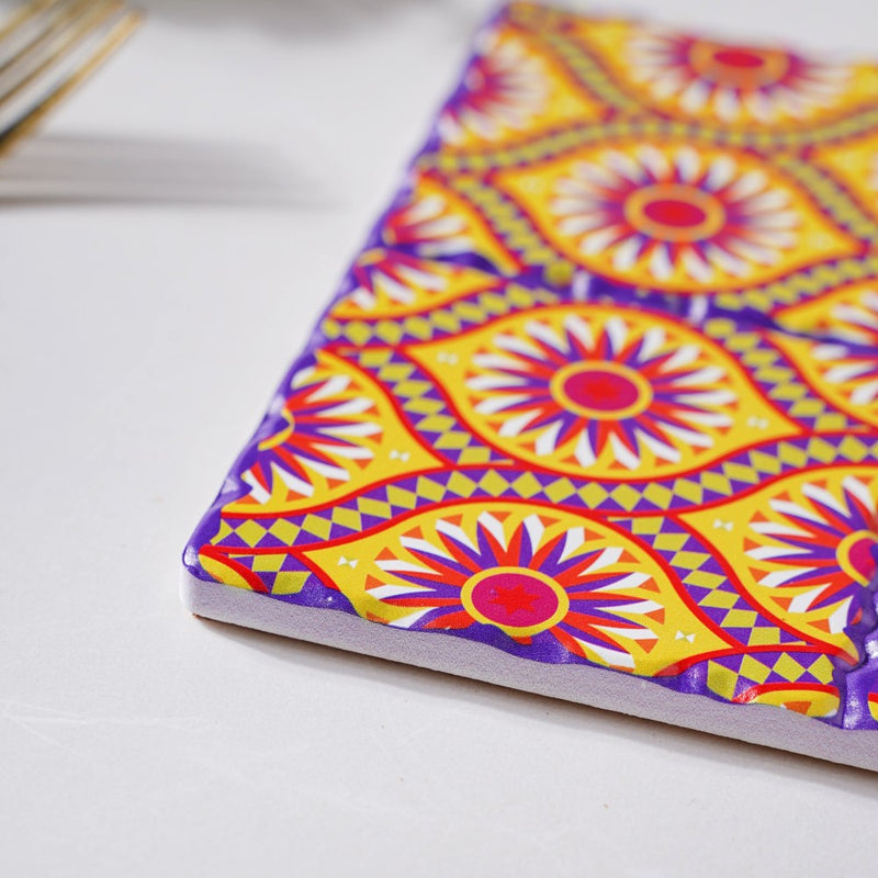 Sunny Yellow And Pink Floral Zellij Art Square Ceramic Tiled Trivet