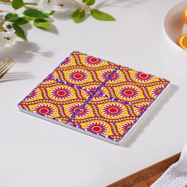 Sunny Yellow And Pink Floral Zellij Art Square Ceramic Tiled Trivet