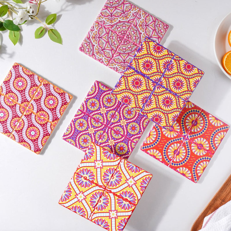 Peppy Pink Floral Zellij Art Square Ceramic Tiled Trivet